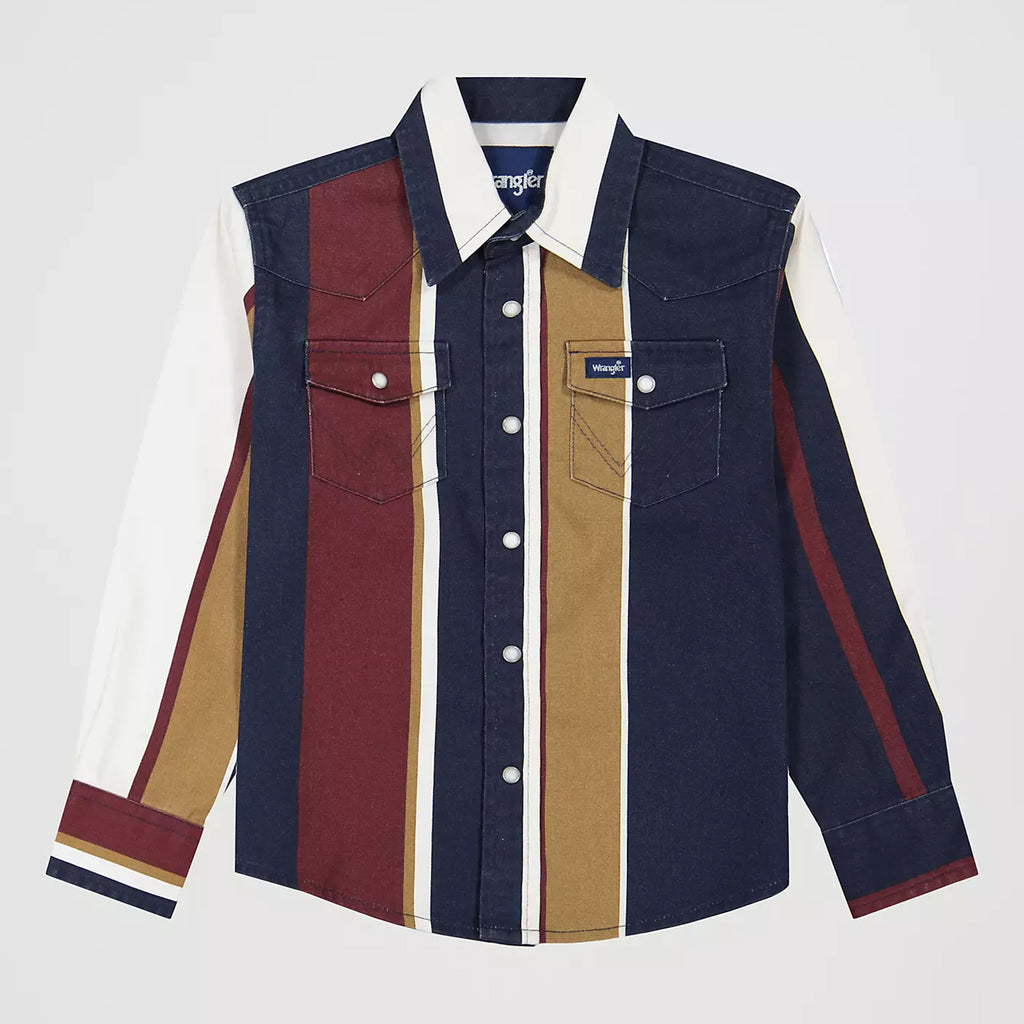 Wrangler Boy's Multi Navy Brush Popper Long Sleeve Shirt