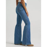 Side view of a model in the Wrangler BESPOKE High Rise Fashion Flare Jean, highlighting the contoured waist, sleek flare silhouette, and polished denim drape.