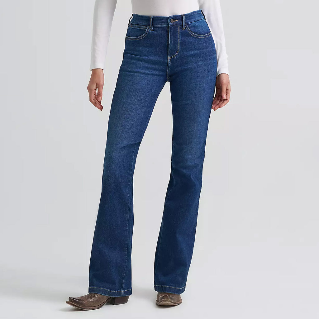 Model wearing the Wrangler Women’s High Rise Destiny Bespoke bootcut jean, front view showing the flattering high‑rise waist, smooth leg, and polished Western fit.