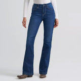 Model wearing the Wrangler Women’s High Rise Destiny Bespoke bootcut jean, front view showing the flattering high‑rise waist, smooth leg, and polished Western fit.