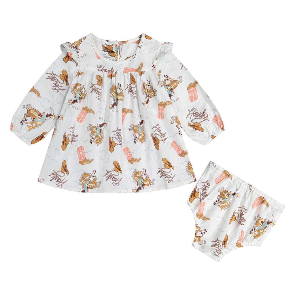 Wrangler infant girls Howdy dress set on a white background, front view showing the ruffled sleeves, Western graphic, and matching diaper cover.