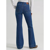 Back view of a model in the Women’s Wrangler BESPOKE high rise trouser jean, showing the contoured high‑rise fit, clean back pockets, and polished trouser‑style flare.