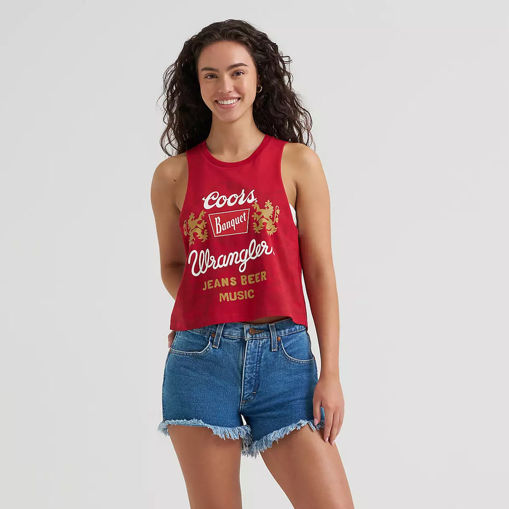 Model wearing a Wrangler Women's Red Cropped Coors Music Tank Top