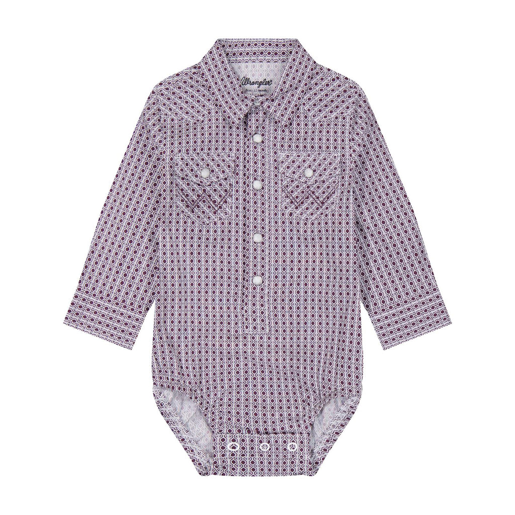Front side view of Wrangler Purple Geo Diamond Onesie