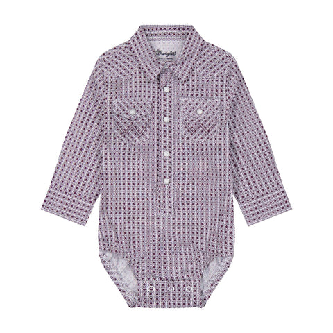 Front side view of Wrangler Purple Geo Diamond Onesie