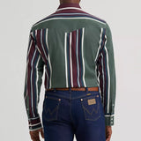Back side view of Wrangler Men's Vintage Green & Burgundy Brushopper Long Sleeve 