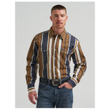 Wrangler® Vintage Inspired Brushpopper Long Sleeve Shirt - Classic Fit - Brown/Blue Stripe 
