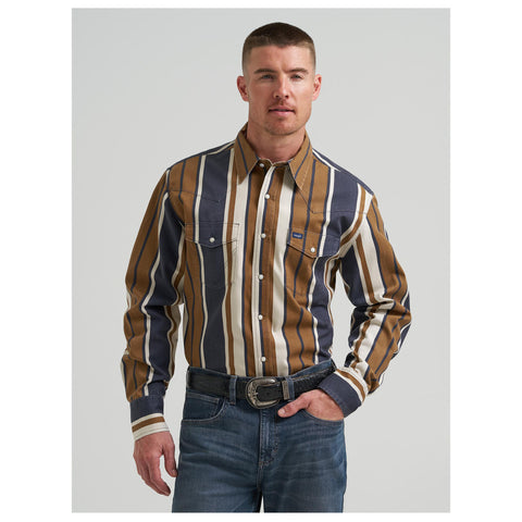 Wrangler® Vintage Inspired Brushpopper Long Sleeve Shirt - Classic Fit - Brown/Blue Stripe 