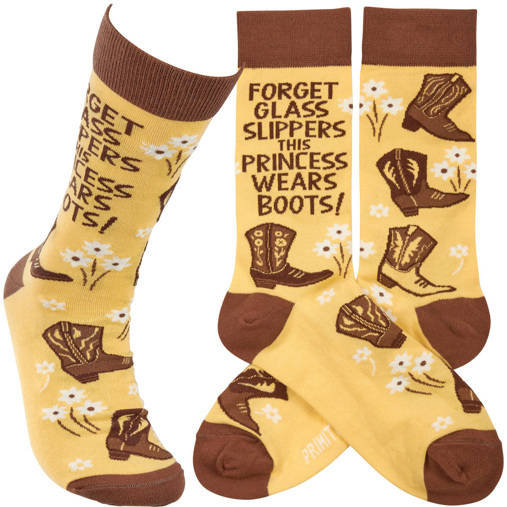 Designs of Western Boots and Flowers with "Forget Glass Slippers This Princess Wears Boots! socks