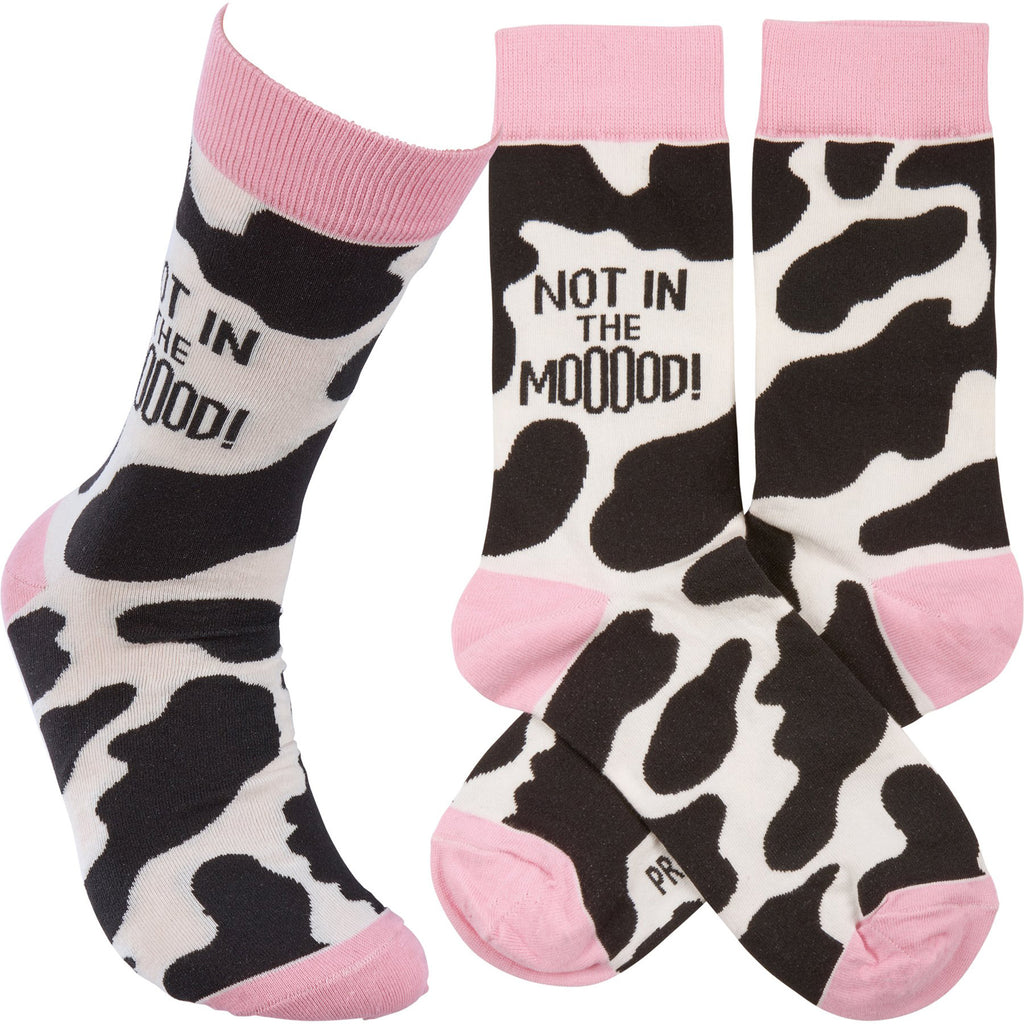Black and White Cow Print Socks Accented in Pink and Not in the Mooood Saying