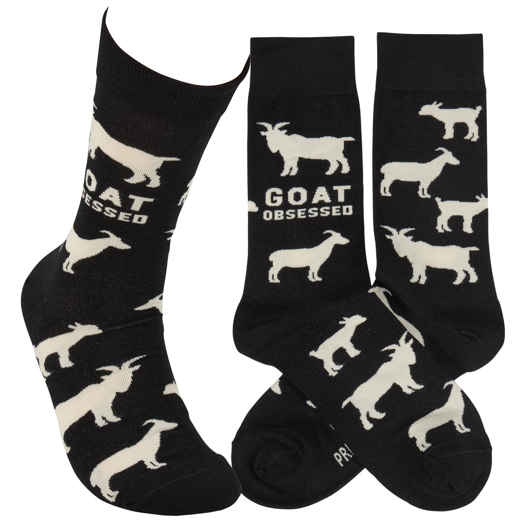 Black Socks with Goats and Goat Obsessed Written on Them