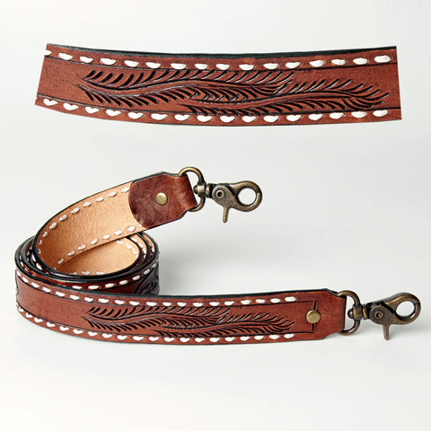 Brown leather purse strap with leaf tooling and white stitching.