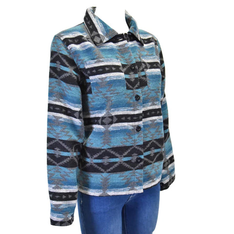 Women's Turquoise Wool Button Up Jacket With Aztec Pattern