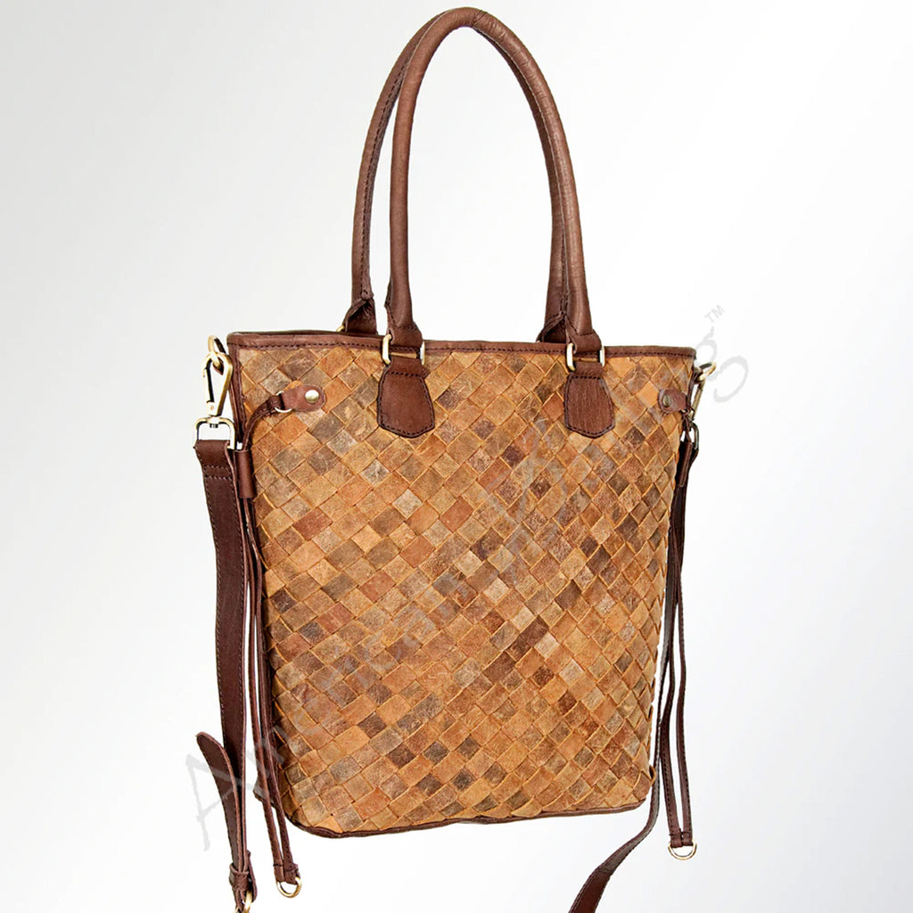 Cross woven leather purse with shoulder strap. 