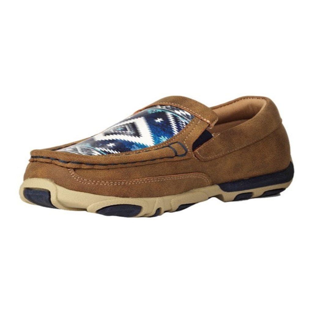 Twister Blakely toddler tan moccasin shoes with blue and white Southwestern print