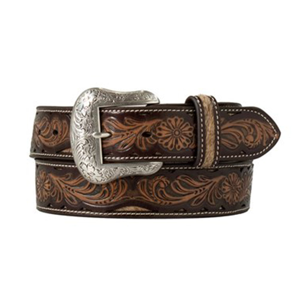 Coiled up view of the Nocona Men's Calf Hair Floral Embossed Belt 