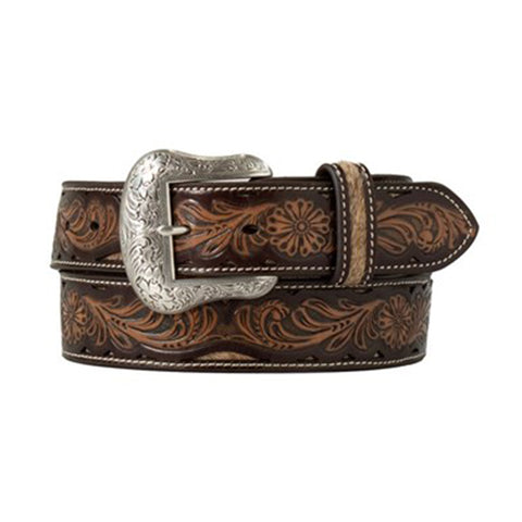 Coiled up view of the Nocona Men's Calf Hair Floral Embossed Belt 