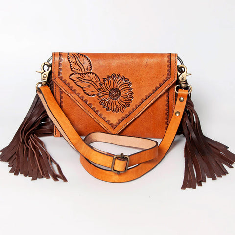 Sunflower tooled envelope purse with brown fringe