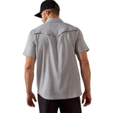 Model wearing the Ariat Grey VentTEK Short Sleeve Shirt in a back view