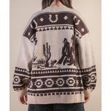 Women's Taupe Oversized Western Graphic Cardigan back view