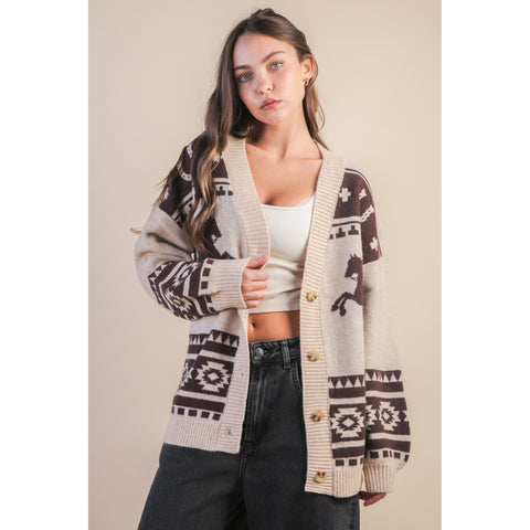 Women's Taupe Oversized Western Graphic Cardigan
