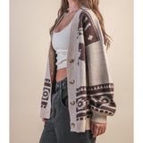Women's Taupe Oversized Western Graphic Cardigan side view