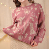 women's mauve pullover sweater with Western Graphics all Over close up front