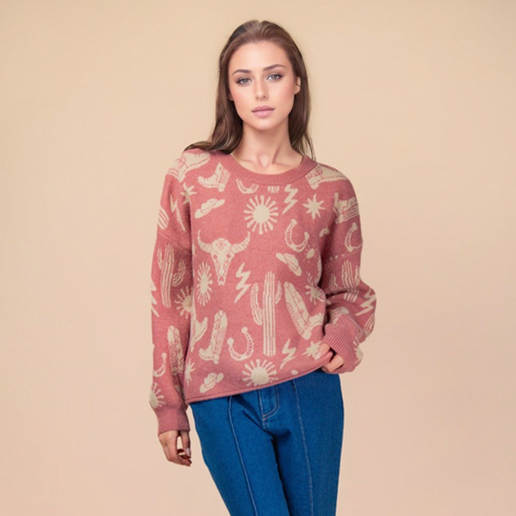 women's mauve pullover sweater with Western Graphics all Over