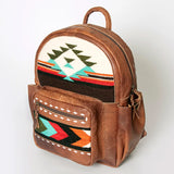 Leather backpack with multiple pockets and aztec  blanket accent on front