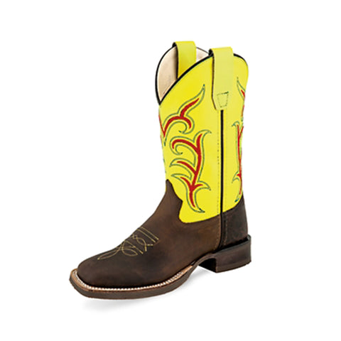 Old West Youth Brown & Neon Yellow Western Boots