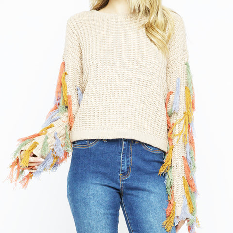 Cream Multi Colored Fringe Sweater