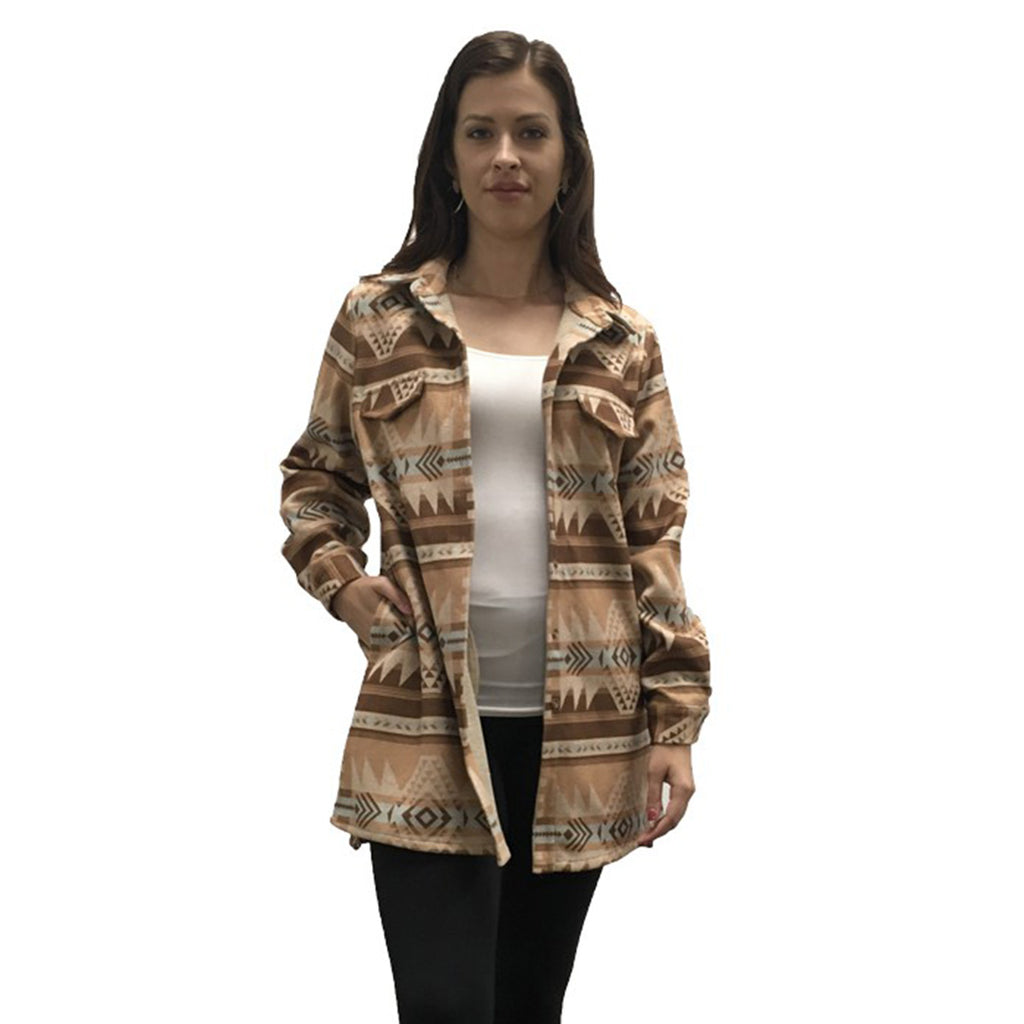 Model is front facing wearing long brown and tan Aztec print jacket. 