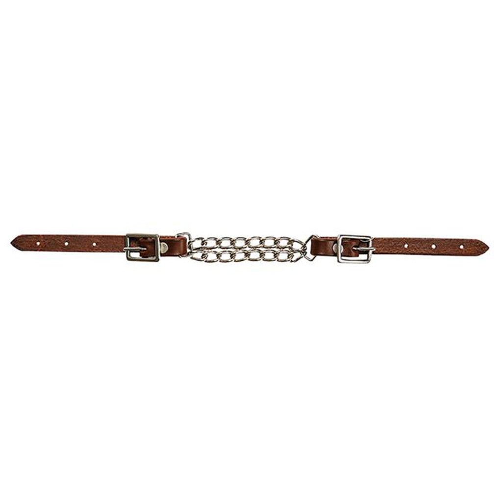 Showman Leather Double Chain Curb Strap with harness leather and dual‑chain design on a white background.