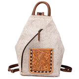 White speckle Hide Purse with Zipper front and flower Tooled Patch 