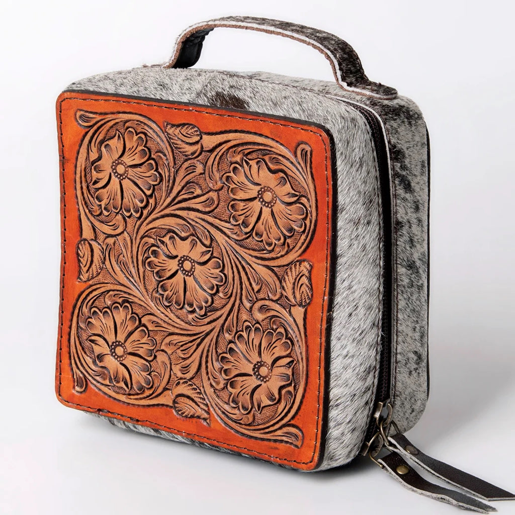 Front view of American Darling Tooled Floral Leather & Cowhide Jewelry Case 