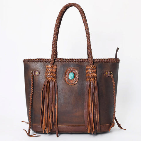 Brown Leather Purse with fringe and turquoise stone. 