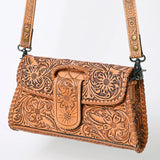 Floral tooled flap closer purse