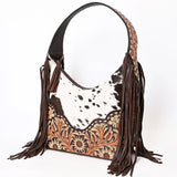 White and Brown hide purse with brown fringe sides. Tooled Sunflower pattern base and sunflower tooled strap