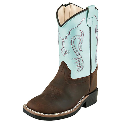 Side and front view of blue and brown kids boots. 