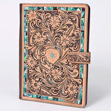 Tooled Floral print with Turquoise accent edging. Snap closer