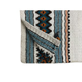 close up of orange and blue navajo design on wool blanket