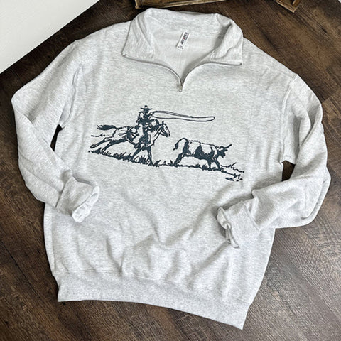 Ash grey quarter zip sweatshirt with navy blue printed steer and roper on the front. 