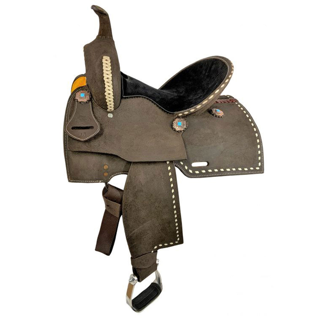 Side view of Double T Barrel Style Saddle with White Buckstitch 