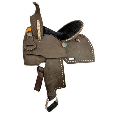 Side view of Double T Barrel Style Saddle with White Buckstitch 