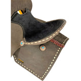 Back side view of Double T Barrel Style Saddle with White Buckstitch 