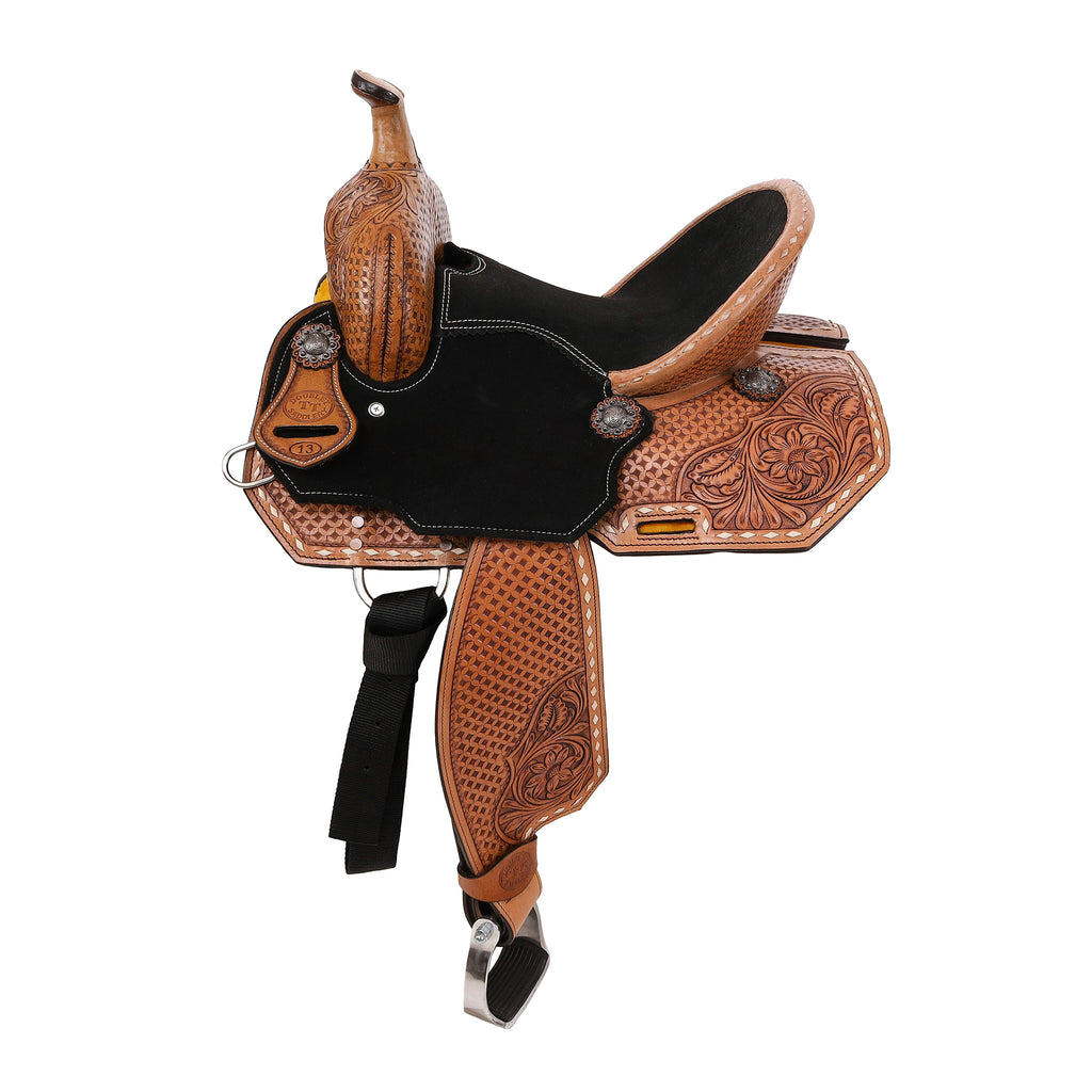 Side view of Double T Cheyenne Spinal Relief Barrel Style Saddle