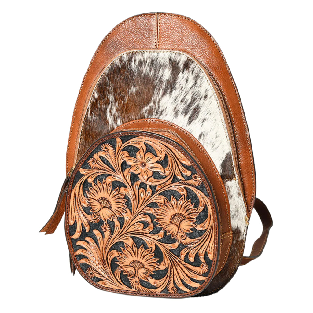 Brown Backpack purse with Cowhide and Floral Tooling