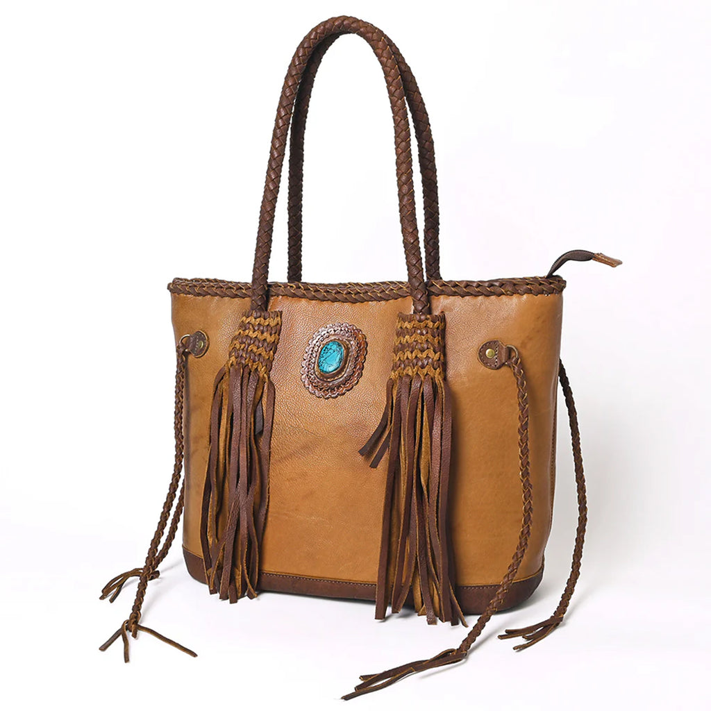 Full front view of American Darling Leather Tote Bag with Braided Edges 