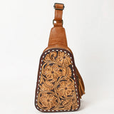Floral Tooled Dark Tan Sling Bag 