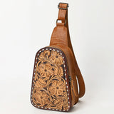 side view of tooled purse with zipper closure 